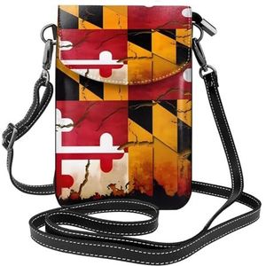 De ontluikende en draaiende bloem patroon dames lederen flap telefoon tas multifunctionele kleine crossbody tas voor dagelijks gebruik en reizen, Vintage Houten Maryland Vlag, Eén maat