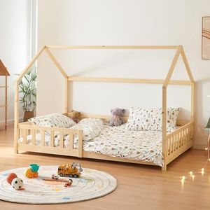 [en.casa] Kinderbed Hesel huisbed houtkleurig 140x200 cm met uitvalbeveiliging en lattenbodem vloerbed jeugdbed houten bed
