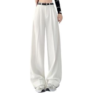 Dames Casual Palazzo Suit Broek Rimpels Hoge Taille Rechte Wijde Pijpen Zakelijke Lange Broek,Wit,L