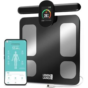 LEBENLANG Fitness Lichaamsvetweegschaal met handsensoren, groot display en app Connect, 29 meetwaarden tot 180 kg, weegschaal met lichaamsvet en spiermassa, personenweegschaal,