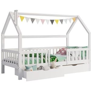 BXEYXE Kinderbed Haett met schoorsteen, twee opbergladen, robuuste lattenbodems, grenenhout, huisbed voor kinderen, 90 x 200 cm, zonder matras, wit [Old SKU:28549091WAA]