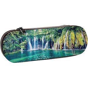 BONDIJ Gouden Plant Bladeren Gedrukt Lederen Potlood Pouch, Grote Capaciteit Pen Zakken Leuke Etui Cosmetische Organizer Tas met Rits, Jungle Waterval, Eén maat, Munten Pouch