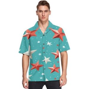 KAAVIYO Cyaan Wit Rood Sterren Shirts voor Mannen Korte Mouw Button Down Hawaiiaanse Shirt voor Zomer Strand, Patroon, S