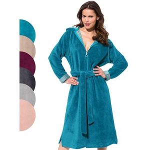 Morgenstern dames kamerjas met rits met capuchon velour bamboe katoen microfiber blauw-turkoois L