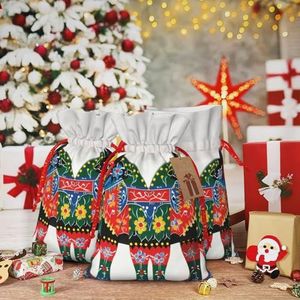 Kerst Trekkoord Gift Zakken Dala Paard Folk Gedrukt Xmas Wrapping Bag Herbruikbare Kerst Goody Bags voor Cadeaus Kerstvakantie Party Decor