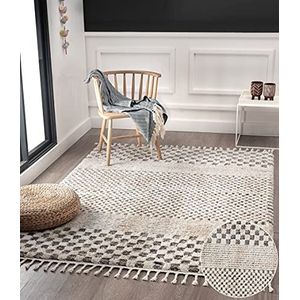 the carpet Vera Handgemaakte look, superzacht tapijt voor in de woonkamer, 3D-effect, hoogpolig, langpolig, franjes, Scandinavisch, geruit patroon, beige, 200 x 290 cm