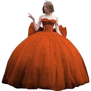 Fuomomo Quinceanera-jurk met dunne bandjes en vlinderglitter, Quinceanera-jurk met vlinders en grote strik, baljurk van kant met parels MT053, RUST, 44