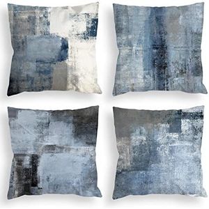 Kussenhoes 35x35cm Set van 4, Blauw Grijs Wit Kussens Sofa Katoen SoftSquare Decoratieve Sierkussens voor Woonkamer Sofa Bank Bed Auto Tuin Outdoor Kussenslopen, 14x14 inch