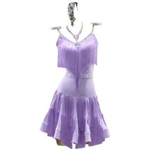 Yhwacyznm Professionele Latijns Amerikaanse danswedstrijdjurken voor dames Salsa dansoutfit met kwastjes Balzaalkleding Tango Cha Cha danskleding met open rug,Purper,L