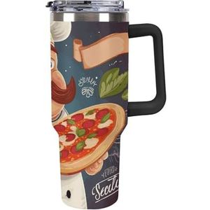 STVNKML 40 oz beker met handvat chef-kok pizza roestvrijstalen koffiemok herbruikbare reismok lekvrije geïsoleerde autobeker grote capaciteit beker voor reizen, buiten, thuisgebruik (zwart)