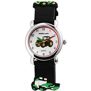 Excellanc Kinderhorloge siliconen armband tractor gesp analoog kwarts 4500028, zwart/groen, Riem