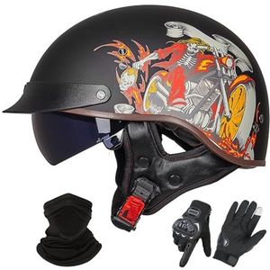 Vintage Motorhelm In Duitse Stijl, ECE 22.06 Goedgekeurd, Open Motorhelm, Retro Halve Helm met Zonneklep voor Volwassenen, Mannen en Vrouwen H-2,XL (59-60cm)