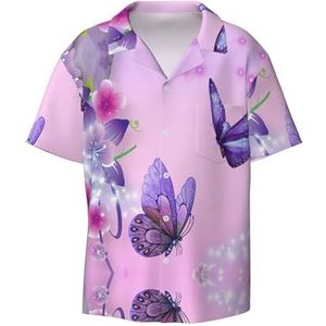 OdDdot Roze vlinderprint herenoverhemden atletisch slim fit casual zakelijk overhemd met korte mouwen, Zwart, XXL