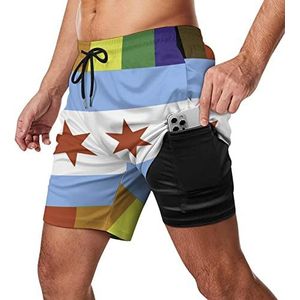 Chicago Pride Flag Regenboog Strepen Zwembroek voor heren, sneldrogend, 2-in-1 strandsportbroek met compressieliner en zak