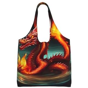 XIAOYANS Dragon King In Fire Extra Grote Capaciteit Schouder Canvas Tas Voor Winkelen Reizen Dagelijks Gebruik, Zwart, Eén maat