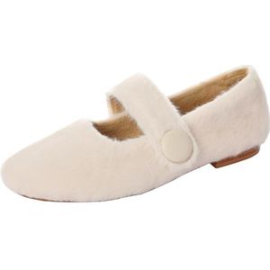 Mo Joc Mary Jane winterschoenen voor dames, warm, imitatiebont, platte schoenen met ronde teen, wit, 38 EU