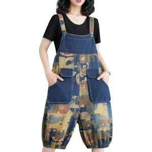 QOUERUUE Jean Korte Overalls voor Vrouwen Verstelbare Bandjes Afdrukken Casual Baggy Denim Overalls Wijde Pijpen Rompertjes,Dark blue,L