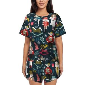 Dames notenkraker ballet kerst dans print dames zomer zachte tweedelige bijpassende outfits korte mouw pyjama lounge pyjama sets, Zwart, XXL