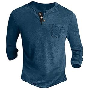 WEITING Heren Shirts Lente Klassiek Casual Lange Mouw Kraag Tops Knop Effen T-shirt met Pocket T-shirts, Blauw, M