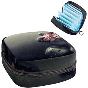 Periode Pouch Draagbare Tampon Opbergtas,Tampon Houder voor Portemonnee Vrouwelijke Product Organizer,Mooie Roze Bloemen Zwarte Spa Hot Stones op Water Natte Achtergrond, Meerkleurig, 4.7x6.6x6.6 in/12x17x17 cm