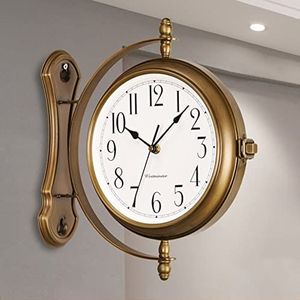 Buiten Vintage Dubbelzijdig Wandklokken, Wandhouder Metaal Stationsklok, Amerikaanse Stijl Wanddecoratie, Arabische Cijfers, Quartz Stil Uurwerk,Gold