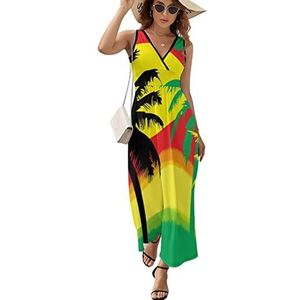 Rasta Palmboom Maxi lange jurk voor dames, V-hals, mouwloos, tank, zonnejurk, zomer