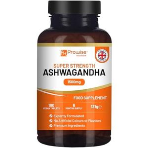 Ashwagandha 1500mg 180 Veganistische tabletten | 6 maanden levering | Puur Ashwagandha-wortelextract met hoge sterkte | Ashwagandha-supplement | Gemaakt in Groot-Brittannië door Prowise Healthcare