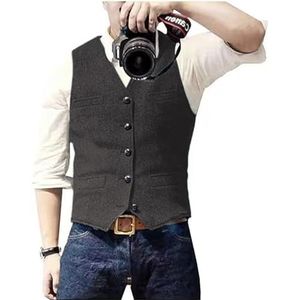 Solovedress Casual wollen vest met visgraatpatroon voor onder pak, v-hals, tweedvest voor bruiloft, groomsmen, grijs, M