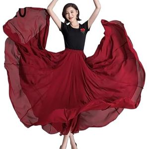 Balletrok 720 graden dansrok geplooide lange rok dames effen kleur hoge taille chiffon lange grote swing rok, Rode Wijn, 80