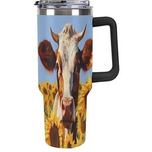 40 oz roestvrijstalen beker met handvat schilderij zonnebloem koe grote capaciteit auto beker lekvrije reizen beker koffiemok dubbele drinkdeksel waterfles geschenken voor mannen vrouwen