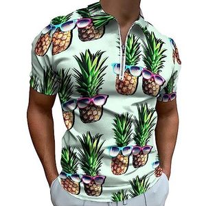 Moderne Kunst Ananas met Zonnebril Polo Shirt voor Mannen Casual Rits Kraag T-shirts Golf Tops Slim Fit