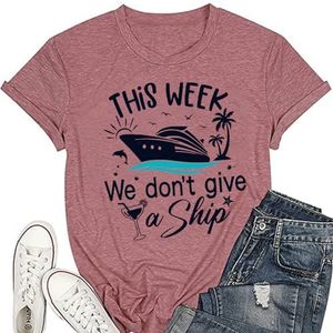 Deze week geven we geen schip vrouwen vakantie T-shirt schattig schip kokosnoot boom wijnglas grafische zomer vakantie T-shirts, Roségoud, L