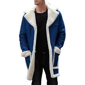 Fogcroll Halflange jas Herfst-winter herenjas met grote revers Pluche voering Winddicht Warm Gezellig Bovenkleding Kleurblokontwerp Bontaccent Zakken Blauw XL