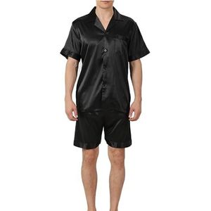 MIOTEQ Gesimuleerde zijden pyjamaset voor heren Nachtkleding met korte mouwen 2-delige nachtkleding PJ-set met knopen,Pure black,L