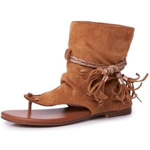 WOFANLULY Platte sandalen voor dames, flip-flop, imitatiesuède, kwastjes, instappers, zomer, outdoor, wandelsandalen, donkerbruin, 37 EU