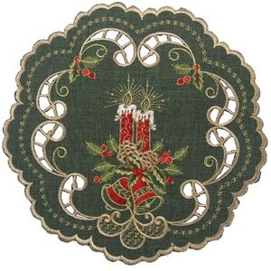 HanaQi - Donkergroen - Tafelkleed - Linnen-look - Met Rode Kaarsen Borduurwerk - Ca. 30 cm Rond