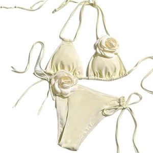 XPJYUA Bikini voor dames, bikiniset, sexy badpakken met bloemen, tanga, bikini, veters, badpak voor dames, witte houder, S