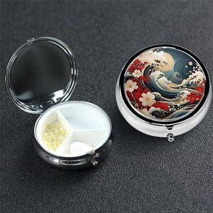 Golven en bloemen pillendoosje 3 compartimenten pillendoos ronde pil organiseren metalen waterdichte medicijnorganizer doos voor reizen kleine pillencontainer draagbaar voor supplementen