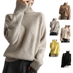 Loose Cashmere Turtleneck Sweater Cardigan, Women's Turtleneck Pullover Argyle Sweater, Versatile Cashmere Turtleneck, Cable Knitted Pullover Jumper (M,Gray)