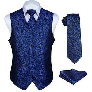 Enlision Men's Gilets Blue Paisley Gilet Tie Pocket Square Bruiloft Jacquard Suit Vest Set M