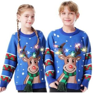 JOYIN Kinderkersttrui met ledverlichting, foute kersttrui, ingebouwde leds, uniseks, blauw, 5-8 Jaren