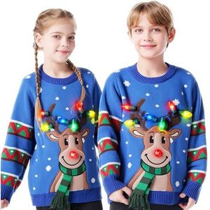 JOYIN Kinderkersttrui met ledverlichting, foute kersttrui, ingebouwde leds, uniseks, blauw, 5-8 Jaren