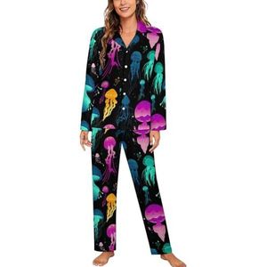 Gloeiende Kleurrijke Kwallen Lange Mouw Pyjama Sets Voor Vrouwen Klassieke Nachtkleding Nachtkleding Zachte Pjs Lounge Sets
