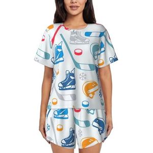 YQxwJL Hockey Elementen Creatieve Patroon Print Vrouwen Pyjama Sets Shorts Korte Mouw Lounge Sets Nachtkleding Casual Pjs Met Zakken, Zwart, M