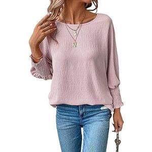 dames topjes Effen blouse met vleermuismouwen - Losvallende casual top met ruches en gesmokte details (Color : Baby Pink, Size : XL)