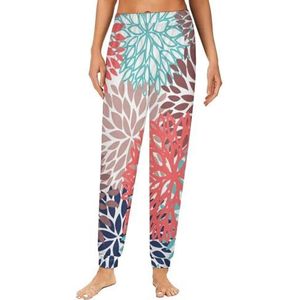 Dahlia Pinnata Bloem Beige En Blauw Dames Pyjama Lounge Broek Elastische Tailleband Nachtkleding Bodems Print