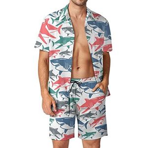 Kleurrijke haai Hawaiiaanse sets voor mannen button down korte mouw trainingspak strand outfits XL