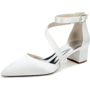 EICOFF Vrouwen Blok Chunky Hak Hof Schoenen Dames Lage Mid Hak Satijn Gesloten Teen Enkelriem Pumps Bruiloft Bruid Partij Jurkschoenen,ivoor,35 EU
