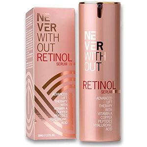 NeverWithout Retinol-serum met hyaluronzuur - Bestaat uit verstevigende koperpeptiden en collageen, Retinol-crème met vitamine E en B5 voor celregeneratie - Anti-aging huidverzorging gezichtsserum 30ml