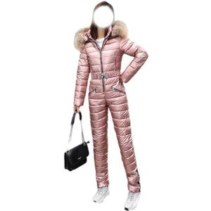 Waterdicht Skipak for Dames, Winterse Eendelige Sneeuwpak Met Bontkraag, Capuchon en Winddichte Isolatie(Pink,XXL)
